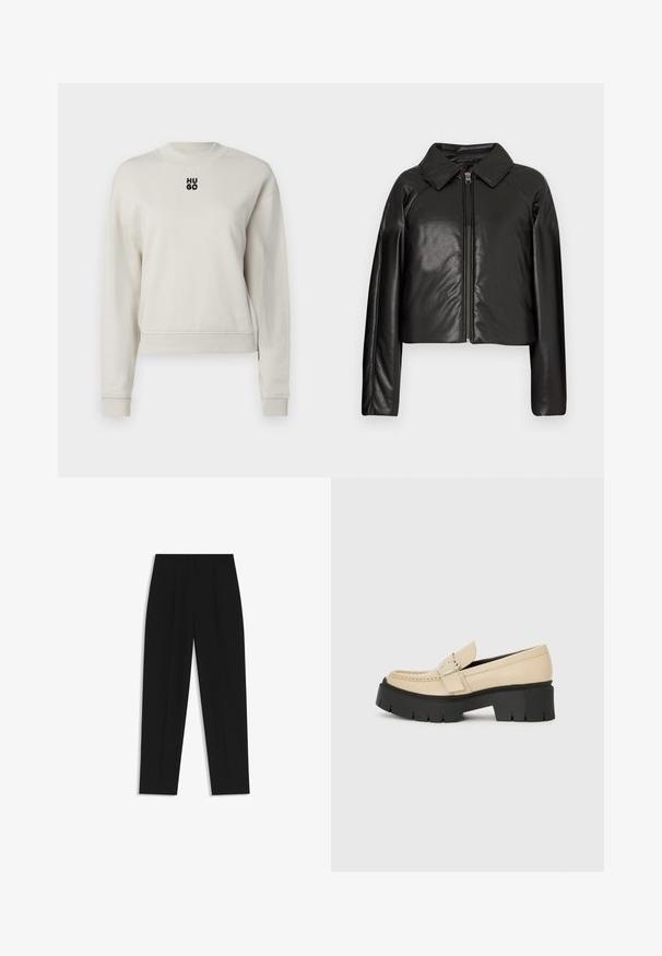 Black faux leather cropped jacket with a collared neckline and zip closure. Features long sleeves and smooth, glossy texture.; Cream-colored sweatshirt with a round neck, ribbed cuffs, and bottom hem; features a black "HUGO" logo centered on the front.; Black trousers with a straight fit, featuring double pleats, a smooth texture, and a classic waistband design. No visible hardware or accents.; Beige leather loafers with black chunky sole, featuring a decorative buckle and stitching detail on the front. Side view.