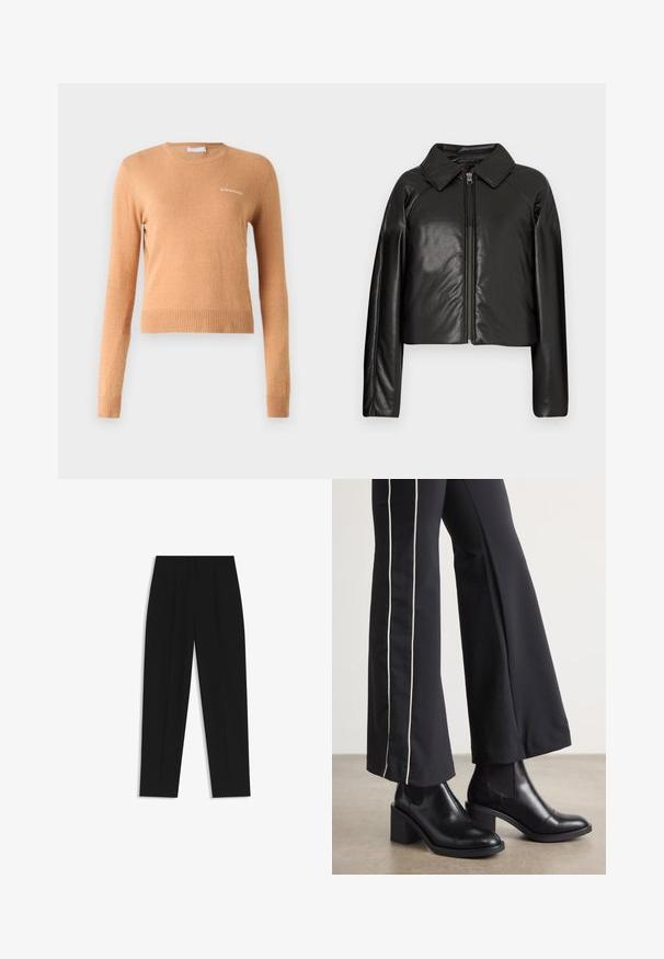 Giacca cropped nera in ecopelle con colletto e chiusura a zip. Caratterizzata da maniche lunghe e una texture liscia e lucida.; Maglione a maniche lunghe di colore marrone chiaro, con orlo e polsini a coste, e un piccolo logo bianco sul petto. Texture morbida e liscia.; Pantaloni neri a taglio dritto, con doppie pieghe, una texture liscia e un design classico in vita. Nessun hardware o dettaglio visibile.; Stivaletti in pelle nera con tacco a blocco, dotati di pannelli elastici sui lati. Abbinati a pantaloni neri con una striscia bianca laterale.