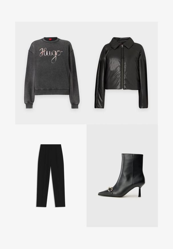 Giacca cropped nera in ecopelle con colletto e chiusura a zip. Caratterizzata da maniche lunghe e una texture liscia e lucida.; Felpa grigio scuro con polsini e orlo a coste. Presenta un grande logo "Hugo" in corsivo di colore chiaro a contrasto. Texture morbida.; Pantaloni neri a taglio dritto, con doppie pieghe, una texture liscia e un design classico in vita. Nessun hardware o dettaglio visibile.; Stivale alla caviglia in pelle nera con punta affusolata, tacco sottile di media altezza e dettaglio in fibbia argentata sul lato, su sfondo semplice.