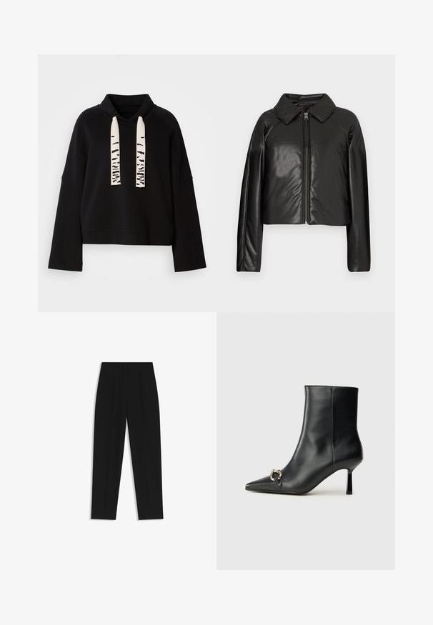 Schwarze Kunstleder-Cropped-Jacke mit Kragen und Reißverschluss. Mit langen Ärmeln und glatter, glänzender Textur.; Schwarzer Hoodie mit langen Ärmeln, hohem Kragen und breiten weißen Kordeln mit schwarzen abstrakten Mustern.; Schwarze Hose mit geradem Schnitt, doppelten Falten, einer glatten Textur und einem klassischen Bunddesign. Keine sichtbaren Beschläge oder Akzente.; Schwarze Leder-Stiefelette mit spitzer Zehe, schlankem, mittelhohem Absatz und silberner Schnalle seitlich vor einem schlichten Hintergrund.