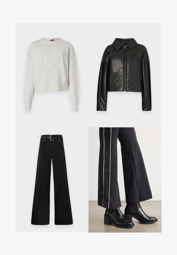 Jachetă cropped din faux leather negru, cu guler și închidere cu fermoar. Prezintă mâneci lungi și o textură netedă, lucioasă.; Sweatshirt scurt, de culoare crem, cu un design texturat, mansete și tiv nervurat, având logo-ul embosat "HUGO" în centru.; Pantaloni negri cu croială largă, confecționați din bumbac, cu talie înaltă, buzunare laterale mari și talie prevăzută cu brâu cu accente din metal argintiu.; Bocanci de piele negri până la gleznă, cu toc pătrat, având panouri elastice pe laterale. Asortați cu pantaloni negri care au o dungi albă pe lateral.