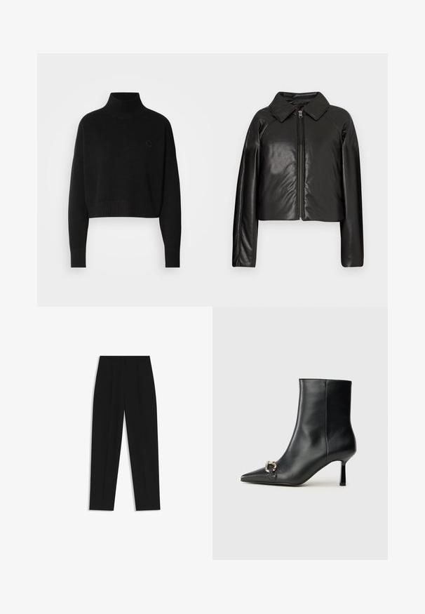Black faux leather cropped jacket with a collared neckline and zip closure. Features long sleeves and smooth, glossy texture.; Black cropped sweater, ribbed turtleneck, long sleeves, knitted texture, featuring a small logo on the chest.; Black trousers with a straight fit, featuring double pleats, a smooth texture, and a classic waistband design. No visible hardware or accents.; Black leather ankle boot with pointed toe, slim mid-height heel, and silver buckle detail on side against plain background.