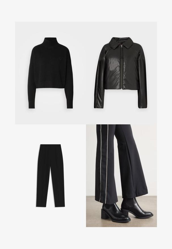 Mustat tekonahkaiset lyhyet takit, joissa on kauluksessa oleva kaulus ja vetoketjukiinnitys. Ominaisuuksiin kuuluu pitkät hihat ja sileä, kiiltävä pinta.; Mustat lyhythihaiset neuleet, ribattu poolokaulus, pitkät hihat, neulottu rakenne, jossa pieni logo rinnassa.; Mustat housut suoran istuvuuden kanssa, joissa on kaksinkertaiset laskokset, sileä pinta ja klassinen vyötärönauhan muotoilu. Ei näkyviä metalliosia tai koristeita.; Mustat nahkasaappaat nilkkapituisilla, lohkareella, joissa on joustavat sivupaneelit. Yhdistetty mustiin housuihin, joissa on valkoinen sivuraita.