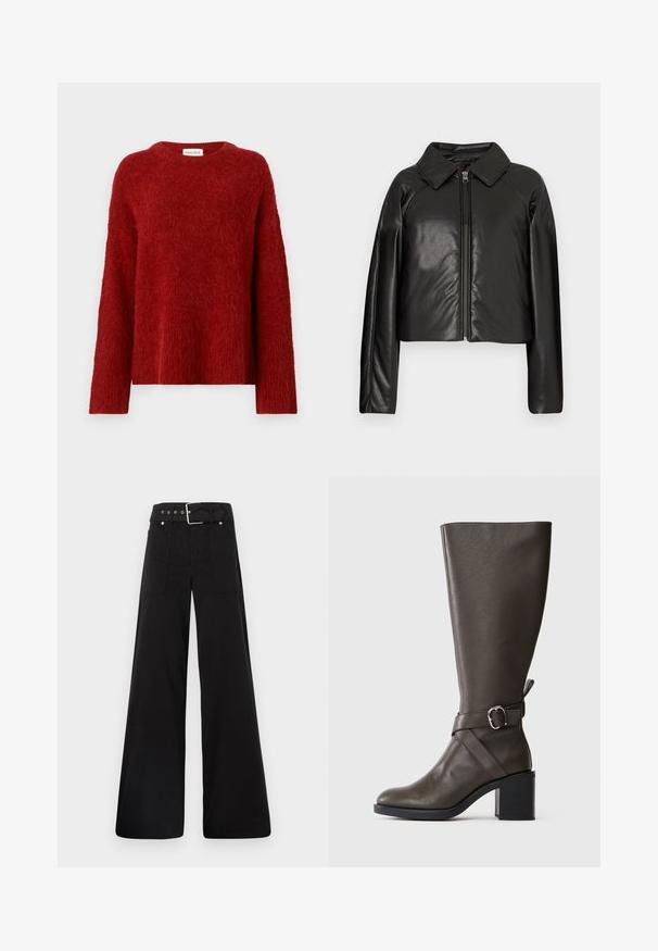 Mustast kunstnahast lühike jakk, millel on kraega kaelus ja tõmblukuga sulgemine. Omab pikki varrukaid ja sujuvat, läikivat tekstuuri.; Punane kahvatu särk, millel on ümar kaelus, pikad varrukad ja lahti istuv lõige. Valmistatud pehmest, tekstureeritud materjalist. Sildil on tekst "MALINA."; Mustad laiad mustad püksid, mis on valmistatud puuvillast, kõrge vöökoha, suurte küljetaskute ja kumerate rihmadega, kus on hõbedased detailid.; Tumepruun põlve kõrgune nahkboot, millel on keskmise suurusega blokk-kand ja dekoratiivne rihm hõbedase tõmblukuga ümber pahkluude.