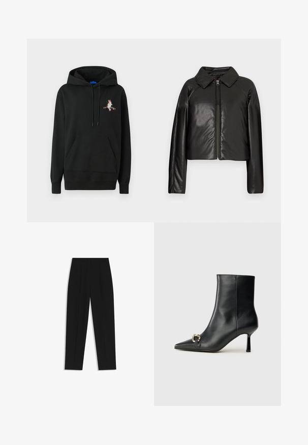 Mustat tekonahkaiset lyhyet takit, joissa on kauluksessa oleva kaulus ja vetoketjukiinnitys. Ominaisuuksiin kuuluu pitkät hihat ja sileä, kiiltävä pinta.; Mustat hupparipusero, jossa on etutasku. Siinä on värikäs brodeerattu kuvio rinnan kohdalla. Valmistettu pehmeästä, tekstuurisesta kankaasta.; Mustat housut suoran istuvuuden kanssa, joissa on kaksinkertaiset laskokset, sileä pinta ja klassinen vyötärönauhan muotoilu. Ei näkyviä metalliosia tai koristeita.; Musta nahkasaapas nilkkapituisilla, terävillä kärjillä, hoikalla keskipituisella korolla ja hopeavöillä sivussa yksinkertaista taustaa vasten.