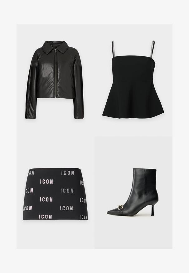Black faux leather cropped jacket with a collared neckline and zip closure. Features long sleeves and smooth, glossy texture.; Black peplum top with thin adjustable straps and silver accents. Made from smooth fabric, featuring a fitted bodice and flared hem.; Black mini skirt featuring glittering "ICON" text in a repeating pattern across the fabric, smooth texture with a fitted design.; Black leather ankle boot with pointed toe, slim mid-height heel, and silver buckle detail on side against plain background.