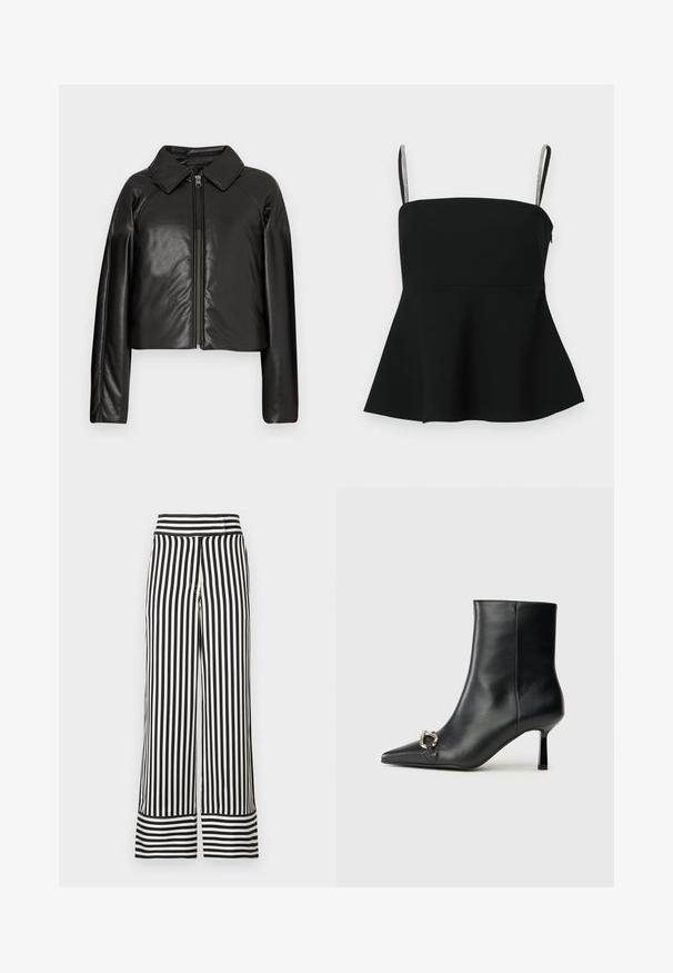 Chaqueta corta de imitación piel negra con cuello con solapa y cierre de cremallera. Presenta mangas largas y una textura suave y brillante.; Top negro tipo peplum con tirantes finos ajustables y acentos plateados. Fabricado con una tela suave, cuenta con un corsé ajustado y un dobladillo acampanado.; Pantalones de pierna ancha en rayas verticales en blanco y negro, con una cintura alta y dobladillo de rayas contrastantes. Tela suave y ligera.; Botín negro de cuero hasta el tobillo con punta afilada, tacón delgado de altura media y detalle de hebilla plateada en el lateral, sobre un fondo liso.