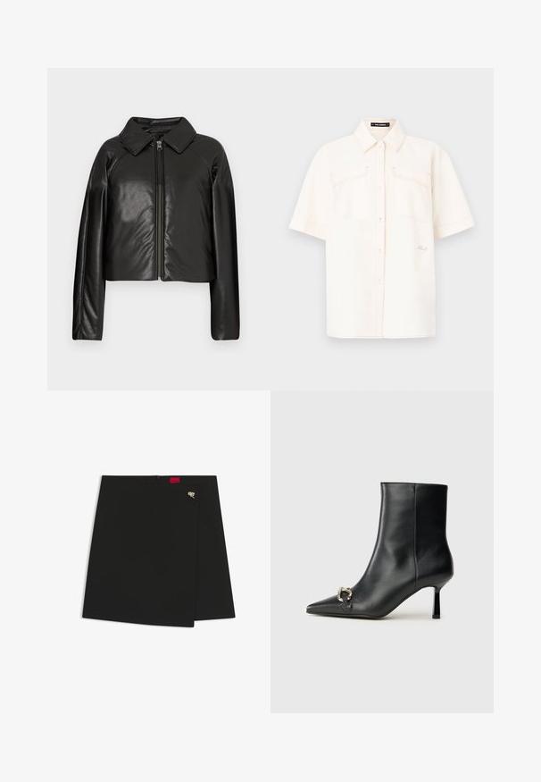 Veste cropped en simili cuir noir avec un col et fermeture zippée. Dispose de longues manches et d'une texture lisse et brillante.; Chemise à manches courtes de couleur crème, fabriquée en tissu léger, avec deux poches à l'avant, un design à boutons et des coutures contrastantes.; Jupe portefeuille noire avec une texture lisse, ornée d'une étiquette logo rouge et d'un accent en métal argenté. Design simple avec une coupe épurée.; Bottine en cuir noir avec un bout pointu, un talon moyen fin et un détail de boucle en argent sur le côté, se détachant sur un fond uni.