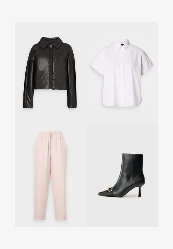 Fekete műbőr cropped dzseki galléros nyakkal és cipzárral. Hosszú ujjú, sima és fényes textúrával rendelkezik.; Fehér, rövid ujjú, gombos ing, hegyes gallérral és ívelt alsó résszel. Pamutból készült, sima textúrával és látható minták nélkül.; Világos rózsaszín len nadrág, állítható derékkal, oldalsó zsebekkel és laza szabással. A szárak elkeskenyednek, sima textúrával.; Fekete bőr bokacsizma hegyes orral, vékony közép magasságú sarokkal és ezüst csattal az oldalon, sima háttér előtt.