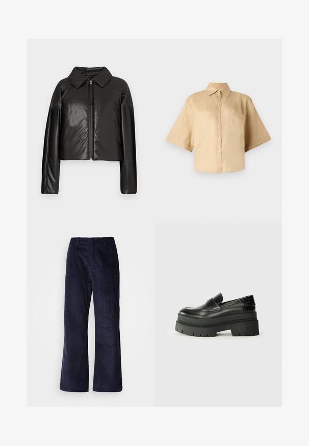 Črna jakna iz umetnega usnja s kratkim krojem, z ovratnikom in zadrgo. Ima dolge rokave in gladko, sijajno teksturo.; Kratki rukavi, bež srajca s klasičnim ovratnikom, sprednja gumbna zapirala in žep na levem prsnem delu. Gladek material brez vidnih vzorcev ali tekstur.; Mornarsko modri žameti široki hlače z navpičnimi rebri, elastičnim pasom in brez vidnih kovinskih delov. Mehka tekstura in sproščen kroj.; Črne usnjene loafer čevlje s debelim platformastim podplatom. Okrogla oblika, detajl na sprednji šivi in subtilni šivi. Raven, teksturiran podplat.