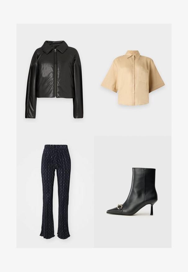Svart, imitert skinn, cropped jakke med krage og glidelås. Har lange ermer og en jevn, glinsende overflate.; Kortermet, beige skjorte med klassisk krage, frontknapplukking og venstre brystlomme. Glatt stoff uten synlige mønstre eller teksturer.; Navy bukser med en pinstribet mønster og små cirkulære designs. Flared kant, elastisk talje og plisseret tekstur.; Sorte lær ankle boot med spiss tå, slank mid-høyde hæl og sølvspenne på siden mot en enkel bakgrunn.