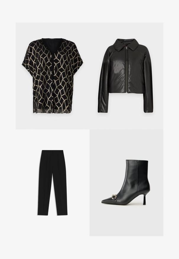 Sort kunstlæder cropped jakke med krave og lynlåslukning. Har lange ærmer og en glat, blank tekstur.; Sort kortærmet bluse med V-hals, der har et geometrisk guldmetallic mønster på en gennemsigtig stof. Let og løstsiddende design.; Sorte bukser med lige pasform, der har dobbelte folder, en glat tekstur og et klassisk taljedesign. Ingen synlige hardware eller accenter.; Sort læder ankelstøvle med spidse tæer, slank hæl i mellemhøjde og sølvspænde detaljer på siden mod en ensfarvet baggrund.