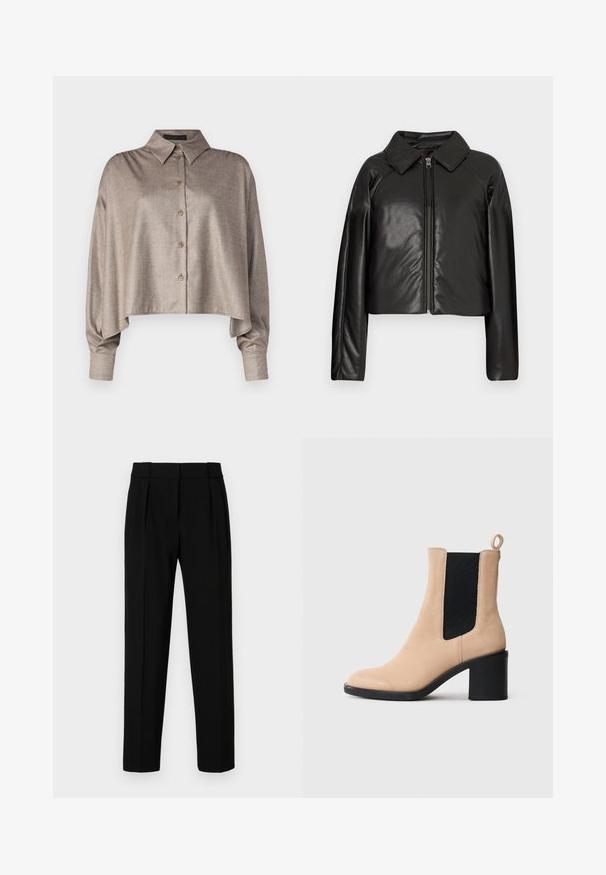 Giacca cropped nera in ecopelle con colletto e chiusura a zip. Caratterizzata da maniche lunghe e una texture liscia e lucida.; DRYKORN FLANNA - Camicia - brown; Pantaloni neri su misura con vestibilità dritta, fronte plissettato, tessuto lucido e vita media. Nessuna tasca visibile o dettagli in metallo.; Stivaletto in suede beige con tacco a blocco, dotato di un inserto elastico nero e una linguetta sul retro. Texture liscia e design a punta arrotondata.