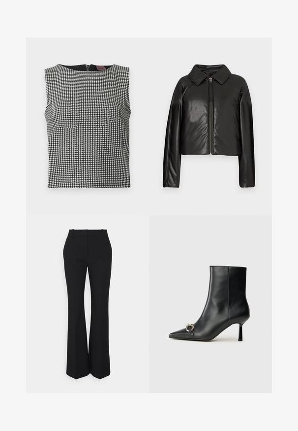 Svart, imitert skinn, cropped jakke med krage og glidelås. Har lange ermer og en jevn, glinsende overflate.; Svart-hvitt hundetann-mønster uten ermer topp med rund hals og glidelås bak. Laget av et teksturert stoff.; Sorte plisede bukser med rette ben, lavet af et glat stof. Har høj talje og usynlige sidelommer.; Sorte lær ankle boot med spiss tå, slank mid-høyde hæl og sølvspenne på siden mot en enkel bakgrunn.