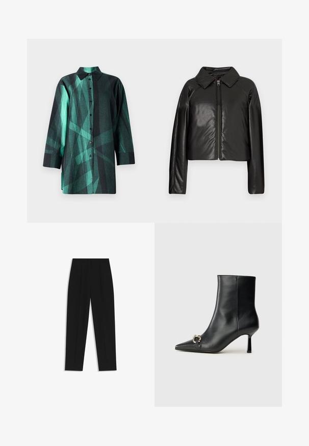 Mustat tekonahkaiset lyhyet takit, joissa on kauluksessa oleva kaulus ja vetoketjukiinnitys. Ominaisuuksiin kuuluu pitkät hihat ja sileä, kiiltävä pinta.; Marimekko HEITTO VIRE - Paitapusero - black; Mustat housut suoran istuvuuden kanssa, joissa on kaksinkertaiset laskokset, sileä pinta ja klassinen vyötärönauhan muotoilu. Ei näkyviä metalliosia tai koristeita.; Musta nahkasaapas nilkkapituisilla, terävillä kärjillä, hoikalla keskipituisella korolla ja hopeavöillä sivussa yksinkertaista taustaa vasten.