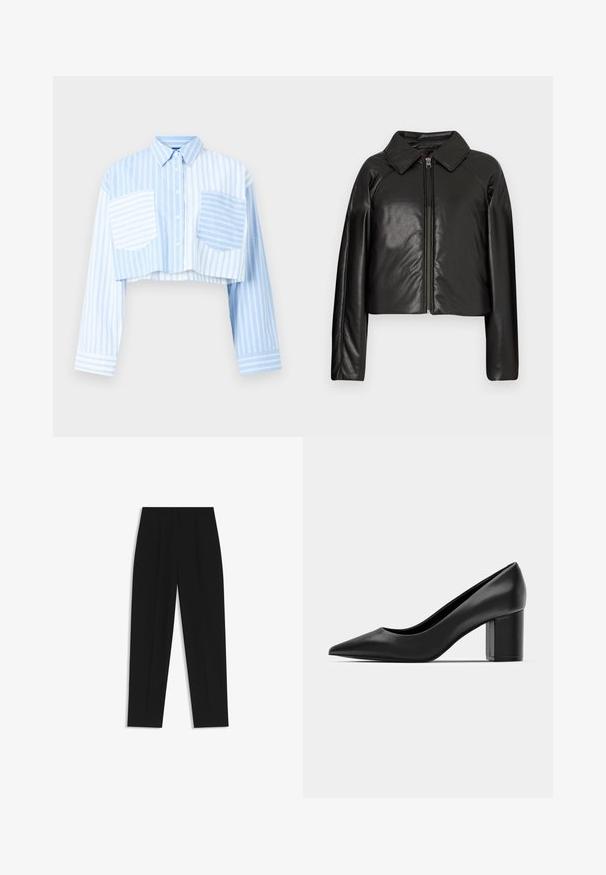 Giacca cropped nera in ecopelle con colletto e chiusura a zip. Caratterizzata da maniche lunghe e una texture liscia e lucida.; Camicia button-up accorciata in blu chiaro e bianco a righe, con due tasche frontali e un pannello posteriore blu uniforme. Maniche lunghe.; Pantaloni neri a taglio dritto, con doppie pieghe, una texture liscia e un design classico in vita. Nessun hardware o dettaglio visibile.; Decolleté in pelle nera con punteggiatura e tacco quadrato spesso. Texture liscia, design semplice, adatto per ambienti formali.