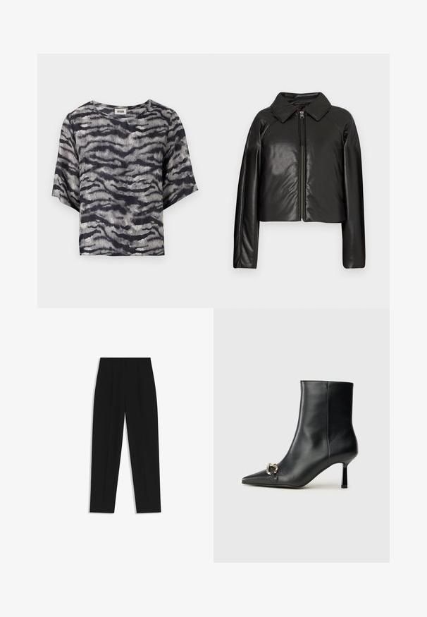 Schwarze Kunstleder-Cropped-Jacke mit Kragen und Reißverschluss. Mit langen Ärmeln und glatter, glänzender Textur.; Schwarzes und graues kurz geschnittenes Shirt mit Wellenmuster, kurzen Ärmeln und Rundhalsausschnitt, aus einem gerippten Textil gefertigt.; Schwarze Hose mit geradem Schnitt, doppelten Falten, einer glatten Textur und einem klassischen Bunddesign. Keine sichtbaren Beschläge oder Akzente.; Schwarze Leder-Stiefelette mit spitzer Zehe, schlankem, mittelhohem Absatz und silberner Schnalle seitlich vor einem schlichten Hintergrund.