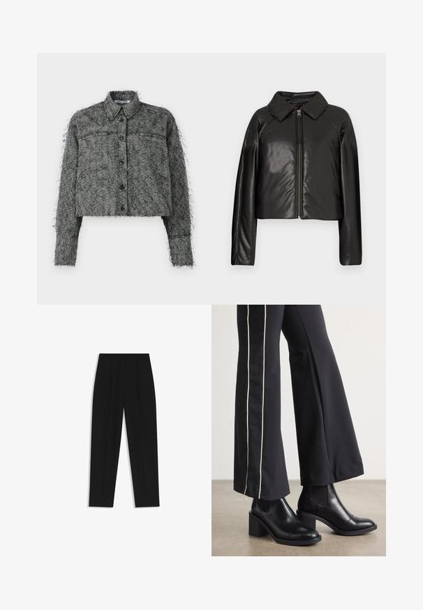 Black faux leather cropped jacket with a collared neckline and zip closure. Features long sleeves and smooth, glossy texture.; Black and gray herringbone cropped jacket with button front, long sleeves, and a classic collar featuring a textured fuzzy finish.; Black trousers with a straight fit, featuring double pleats, a smooth texture, and a classic waistband design. No visible hardware or accents.; Black leather ankle boots with a block heel, featuring elastic side panels. Paired with black pants that have a white side stripe.