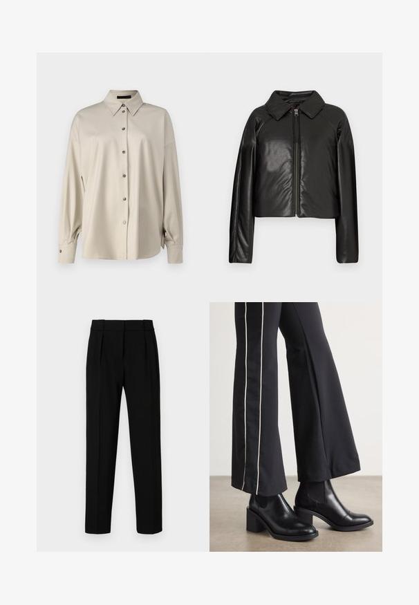 Giacca cropped nera in ecopelle con colletto e chiusura a zip. Caratterizzata da maniche lunghe e una texture liscia e lucida.; DRYKORN LYSILA - Camicia - brown; Pantaloni neri su misura con vestibilità dritta, fronte plissettato, tessuto lucido e vita media. Nessuna tasca visibile o dettagli in metallo.; Stivaletti in pelle nera con tacco a blocco, dotati di pannelli elastici sui lati. Abbinati a pantaloni neri con una striscia bianca laterale.