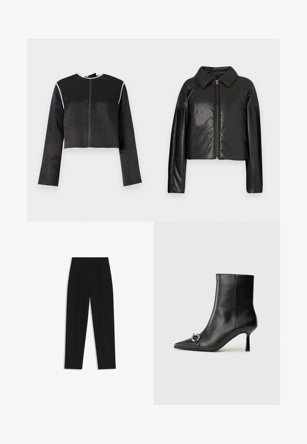Black faux leather cropped jacket with a collared neckline and zip closure. Features long sleeves and smooth, glossy texture.; Cropped black satin top with long sleeves, white piping along the neckline and sleeves, and a central seam down the front.; Black trousers with a straight fit, featuring double pleats, a smooth texture, and a classic waistband design. No visible hardware or accents.; Black leather ankle boot with pointed toe, slim mid-height heel, and silver buckle detail on side against plain background.