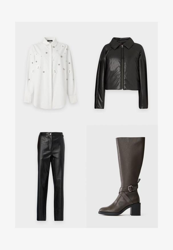 Černá faux kůže zkrácená bunda s límečkem a zipem. Obsahuje dlouhé rukávy a hladký, lesklý povrch.; Bílá košile s dlouhým rukávem a límečkem, zdobená květinovými aplikacemi a dekorativními flitry. Hladká tkanina s přiléhavým střihem.; Černé kalhoty z umělé kůže s krokodýlím vzorem, slim fit, rovný střih, s předním zapínáním na knoflík a standardním pasem.; Tmavě hnědá kožená vysoká bota do kolen s středním blokovým podpatkem a ozdobným páskem se stříbrnou sponou kolem kotníku.