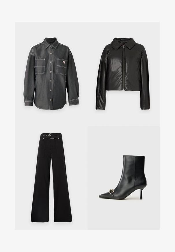 Sort kunstlæder cropped jakke med krave og lynlåslukning. Har lange ærmer og en glat, blank tekstur.; Mørk denimskjorte med lange ærmer, knaplukning foran, spids krave, to store brystlommer og hvid kontrastsyning.; Sorte brede bukser lavet af bomuld, med høj talje, store sidelommer og en bæltestrop med sølvfarvede detaljer.; Sort læder ankelstøvle med spidse tæer, slank hæl i mellemhøjde og sølvspænde detaljer på siden mod en ensfarvet baggrund.