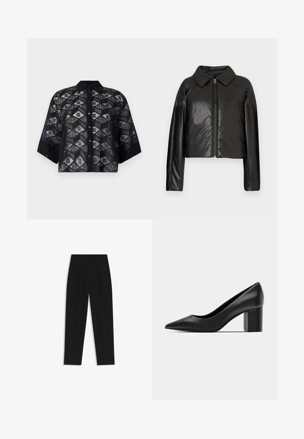 Schwarze Kunstleder-Cropped-Jacke mit Kragen und Reißverschluss. Mit langen Ärmeln und glatter, glänzender Textur.; Schwarzes, transparentes Hemd mit geometrischem Muster und dem "HUGO"-Logo, kurzen Ärmeln und Kragen mit Knopfschluss.; Schwarze Hose mit geradem Schnitt, doppelten Falten, einer glatten Textur und einem klassischen Bunddesign. Keine sichtbaren Beschläge oder Akzente.; Schwarze Lederpumps mit spitzem Zehenbereich und einem klobigen quadratischen Absatz. Glatte Textur, einfaches Design, geeignet für formelle Anlässe.