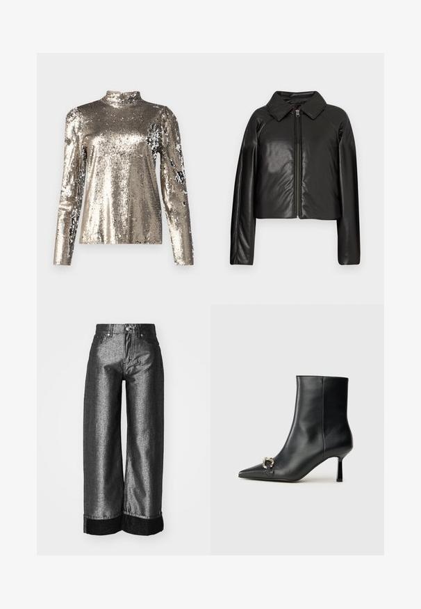 Mustast kunstnahast lühike jakk, millel on kraega kaelus ja tõmblukuga sulgemine. Omab pikki varrukaid ja sujuvat, läikivat tekstuuri.; Pikkade varrukatega, kõrge kaelusega pluus, kaetud hõbedaste sädelevate strassidega. Omab siledat tekstuuri ja istuvat siluetti ning puffed õlavarre disaini detaile.; Laiene jalad hallis metallikdenimiga teksad, millel on sile tekstuur. Omab musta denimist äärist ja tavalist nööpidega sulgemist koos vöödega.; Must mustanvärvi nahast pahklinetopp, millel on terav nina, peen keskmise kõrgusega konts ja hõbedane keha detail külgedel, taustal lihtne taust.