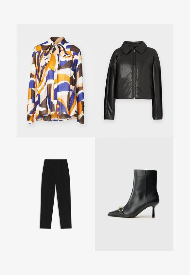 Veste cropped en simili cuir noir avec un col et fermeture zippée. Dispose de longues manches et d'une texture lisse et brillante.; Blouse multicolore avec des motifs abstraits audacieux en orange, bleu et brun ; présente un col à nouer et une texture plissée. Fabriquée en tissu léger.; Pantalon noir à coupe droite, avec des plis doubles, une texture lisse et un design de taille classique. Pas de matériel ou d'accents visibles.; Bottine en cuir noir avec un bout pointu, un talon moyen fin et un détail de boucle en argent sur le côté, se détachant sur un fond uni.