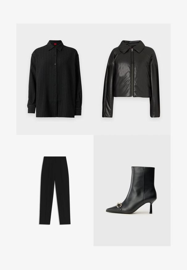 Chaqueta corta de imitación piel negra con cuello con solapa y cierre de cremallera. Presenta mangas largas y una textura suave y brillante.; Camisa negra de manga larga con botones, rayas verticales finas en blanco, cuello clásico y puños con botones.; Pantalones negros de corte recto, con doble pinza, textura suave y un diseño de cinturilla clásica. Sin hardware o acentos visibles.; Botín negro de cuero hasta el tobillo con punta afilada, tacón delgado de altura media y detalle de hebilla plateada en el lateral, sobre un fondo liso.