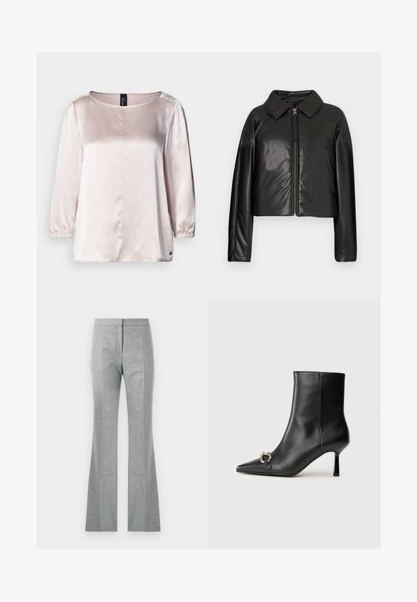 Veste cropped en simili cuir noir avec un col et fermeture zippée. Dispose de longues manches et d'une texture lisse et brillante.; Blouse en satin rose clair avec un col rond, des manches trois-quarts, des poignets froncés et une couture centrale. Petit logo à l'ourlet.; Pantalons évasés gris avec des coutures verticales, fabriqués dans un tissu doux et texturé. Présentent une taille ajustée et une finition lisse.; Bottine en cuir noir avec un bout pointu, un talon moyen fin et un détail de boucle en argent sur le côté, se détachant sur un fond uni.