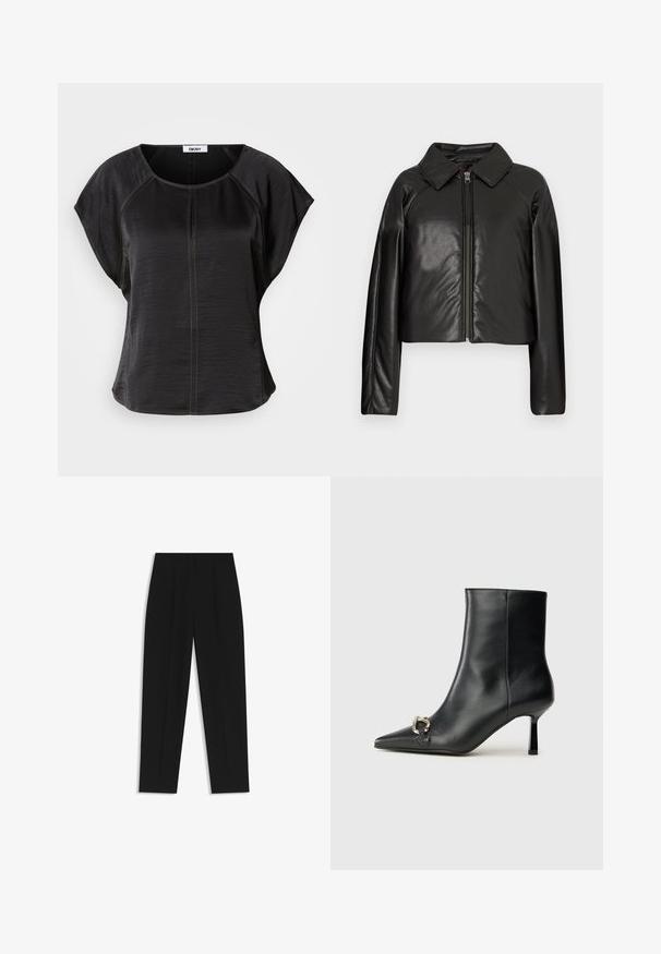 Giacca cropped nera in ecopelle con colletto e chiusura a zip. Caratterizzata da maniche lunghe e una texture liscia e lucida.; Top nero a maniche corte con vestibilità rilassata, dotato di scollatura tonda e cuciture a contrasto in tono sabbia sul davanti e lungo le cuciture.; Pantaloni neri a taglio dritto, con doppie pieghe, una texture liscia e un design classico in vita. Nessun hardware o dettaglio visibile.; Stivale alla caviglia in pelle nera con punta affusolata, tacco sottile di media altezza e dettaglio in fibbia argentata sul lato, su sfondo semplice.