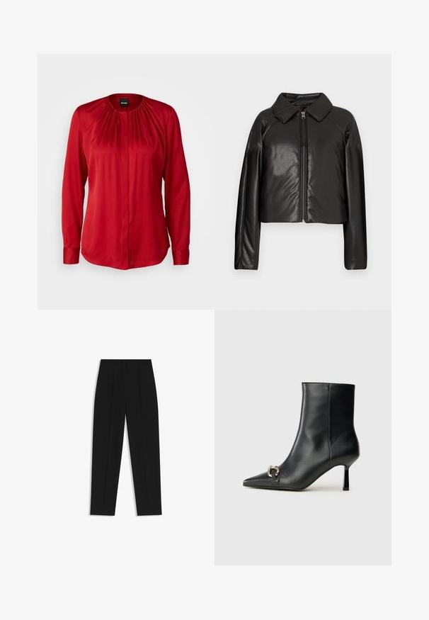 Giacca cropped nera in ecopelle con colletto e chiusura a zip. Caratterizzata da maniche lunghe e una texture liscia e lucida.; BOSS BANORAH - Camicia - bright red; Pantaloni neri a taglio dritto, con doppie pieghe, una texture liscia e un design classico in vita. Nessun hardware o dettaglio visibile.; Stivale alla caviglia in pelle nera con punta affusolata, tacco sottile di media altezza e dettaglio in fibbia argentata sul lato, su sfondo semplice.
