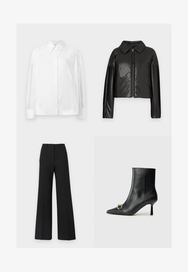 Juodas dirbtinės odos trumpas švarkas su koloratu ir užtrauktuku. Turi ilgomis rankovėmis ir lygią, blizgią tekstūrą.; Baltas ilgas rankovėmis marškiniai su mygtukais, pagaminti iš lygaus medvilnės mišinio. Yra klasikinė apykaklė, priekinis mygtukų uždarymas ir apvalios rankogaliai.; Juodos plačių kojų kelnės su pritaikytu dizainu, pasižyminčios lygia tekstūra ir subtiliomis klostėmis priekyje. Nėra matomų detalių ar raštų.; Juodas odinis apavas iki kulkšnies su smailiu nosiu, plonu vidutinio aukščio kulnu ir sidabriniu sagties akcentu šone, prieš paprastą foną.