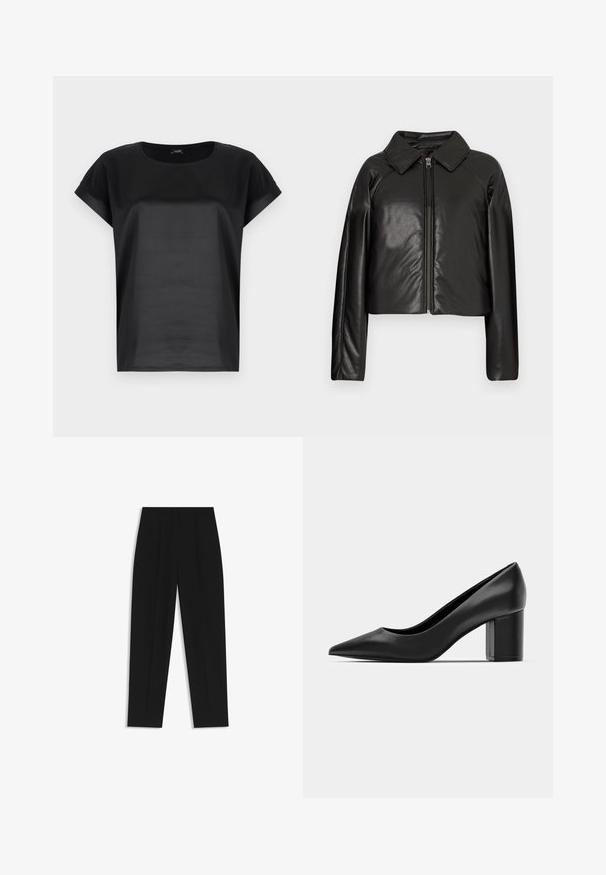 Schwarze Kunstleder-Cropped-Jacke mit Kragen und Reißverschluss. Mit langen Ärmeln und glatter, glänzender Textur.; Schwarzes T-Shirt aus glattem Stoff, mit Rundhalsausschnitt und kurzen, umgeschlagenen Ärmeln. Einfaches Design ohne Muster oder Verzierungen.; Schwarze Hose mit geradem Schnitt, doppelten Falten, einer glatten Textur und einem klassischen Bunddesign. Keine sichtbaren Beschläge oder Akzente.; Schwarze Lederpumps mit spitzem Zehenbereich und einem klobigen quadratischen Absatz. Glatte Textur, einfaches Design, geeignet für formelle Anlässe.
