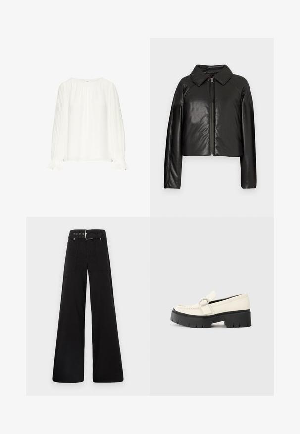 Schwarze Kunstleder-Cropped-Jacke mit Kragen und Reißverschluss. Mit langen Ärmeln und glatter, glänzender Textur.; Weiße Bluse aus leichtem Stoff, mit langen, gefältelten Ärmeln und gerafftem Ausschnitt. Die Manschetten haben ein gewelltes Design für zusätzlichen Detailreichtum.; Schwarze weitgeschnittene Hose aus Baumwolle, mit hoher Taille, großen Seitentaschen und einem taillierten Bund mit silbernen Hardware-Akzenten.; Weißer Lederloafer mit einer klobigen schwarzen Plateausohle, ausgestattet mit einer rechteckigen silbernen Schnalle und sichtbaren Nähten im Obermaterial.