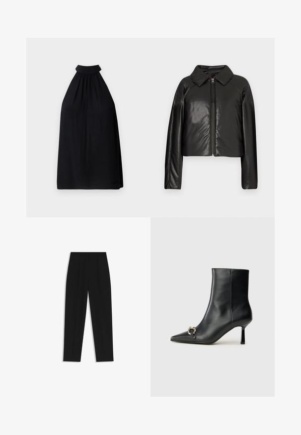 Sort kunstlæder cropped jakke med krave og lynlåslukning. Har lange ærmer og en glat, blank tekstur.; Sort halterneck-top fremstillet af letvægtsmateriale. Har en høj hals og sammensyning, der skaber en løs og svævende silhuet.; Sorte bukser med lige pasform, der har dobbelte folder, en glat tekstur og et klassisk taljedesign. Ingen synlige hardware eller accenter.; Sort læder ankelstøvle med spidse tæer, slank hæl i mellemhøjde og sølvspænde detaljer på siden mod en ensfarvet baggrund.