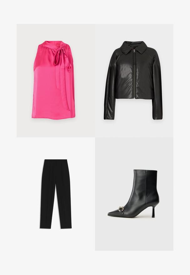 Zwarte faux leren cropped jack met een kraag en ritssluiting. Heeft lange mouwen en een soepele, glanzende textuur.; Roze satijnen mouwloze blouse met een ronde halslijn en een strikaccent aan de voorkant, met een gladde textuur en een vloeiende uitstraling.; Zwarte broeken met een rechte pasvorm, voorzien van dubbele plooien, een zachte textuur en een klassiek taillebandontwerp. Geen zichtbare hardware of accenten.; Zwarte leren enkelboot met spitse neus, slanke middenhoge hak en zilveren gespdetail aan de zijkant op een effen achtergrond.