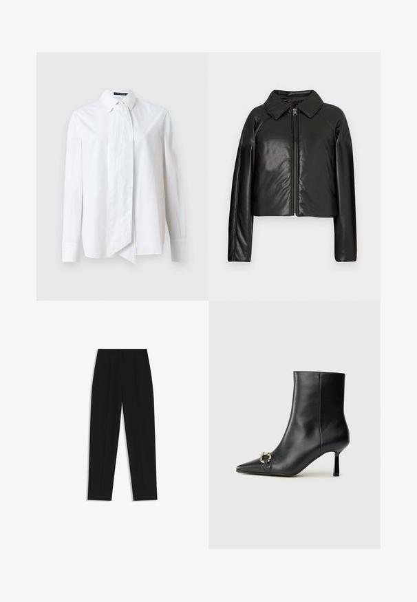 Giacca cropped nera in ecopelle con colletto e chiusura a zip. Caratterizzata da maniche lunghe e una texture liscia e lucida.; Camicia bianca con bottoni e maniche lunghe, decorata con un grande fiocco all-collo, realizzata in tessuto liscio con una texture fresca.; Pantaloni neri a taglio dritto, con doppie pieghe, una texture liscia e un design classico in vita. Nessun hardware o dettaglio visibile.; Stivale alla caviglia in pelle nera con punta affusolata, tacco sottile di media altezza e dettaglio in fibbia argentata sul lato, su sfondo semplice.