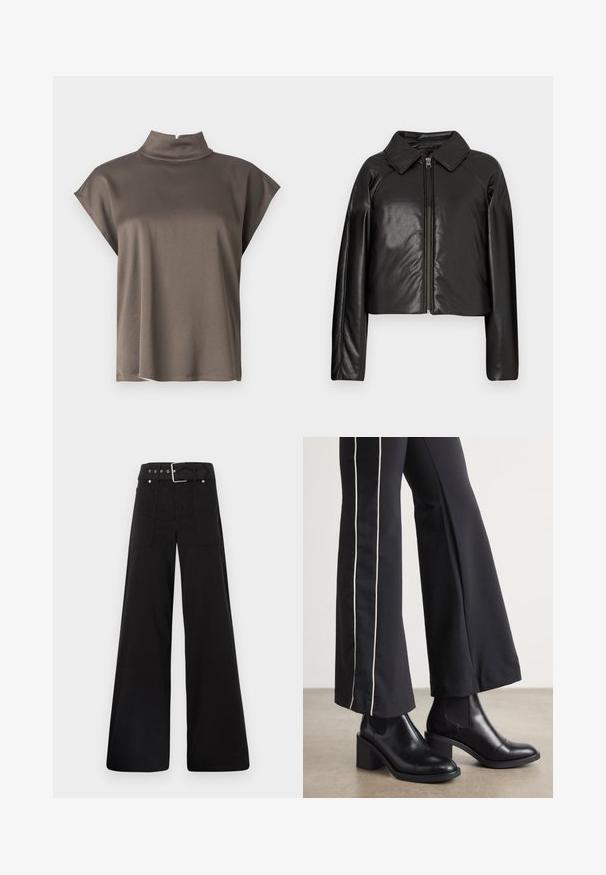Giacca cropped nera in ecopelle con colletto e chiusura a zip. Caratterizzata da maniche lunghe e una texture liscia e lucida.; Top corto a maniche corte marrone con colletto alto, realizzato in tessuto leggero e morbido con una vestibilità rilassata. Design semplice e pulito senza decorazioni.; Pantaloni neri a gamba larga realizzati in cotone, con vita alta, ampie tasche laterali e vita con cintura arricchita da dettagli in metallo argentato.; Stivaletti in pelle nera con tacco a blocco, dotati di pannelli elastici sui lati. Abbinati a pantaloni neri con una striscia bianca laterale.