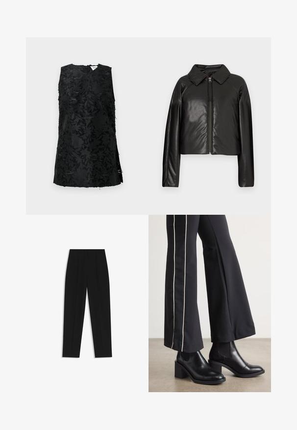 Schwarze Kunstleder-Cropped-Jacke mit Kragen und Reißverschluss. Mit langen Ärmeln und glatter, glänzender Textur.; Schwarzes ärmelloses Oberteil mit strukturiertem Blumenmuster, das einen V-Ausschnitt und seitliche Schlitze aufweist. Hergestellt aus einem Stoff mit leichtem Glanz. Reißverschlussverschluss hinten.; Schwarze Hose mit geradem Schnitt, doppelten Falten, einer glatten Textur und einem klassischen Bunddesign. Keine sichtbaren Beschläge oder Akzente.; Schwarze Lederstiefeletten mit einem Blockabsatz, ausgestattet mit elastischen seitlichen Einsätzen. Kombiniert mit schwarzen Hosen, die einen weißen Seitenstreifen haben.