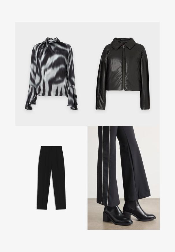 Schwarze Kunstleder-Cropped-Jacke mit Kragen und Reißverschluss. Mit langen Ärmeln und glatter, glänzender Textur.; Schwarze und graue Bluse aus glattem, seidigem Stoff. Mit hohem Kragen und ausgestellten Ärmeln, die ein wellenförmiges Batikmuster aufweisen.; Schwarze Hose mit geradem Schnitt, doppelten Falten, einer glatten Textur und einem klassischen Bunddesign. Keine sichtbaren Beschläge oder Akzente.; Schwarze Lederstiefeletten mit einem Blockabsatz, ausgestattet mit elastischen seitlichen Einsätzen. Kombiniert mit schwarzen Hosen, die einen weißen Seitenstreifen haben.