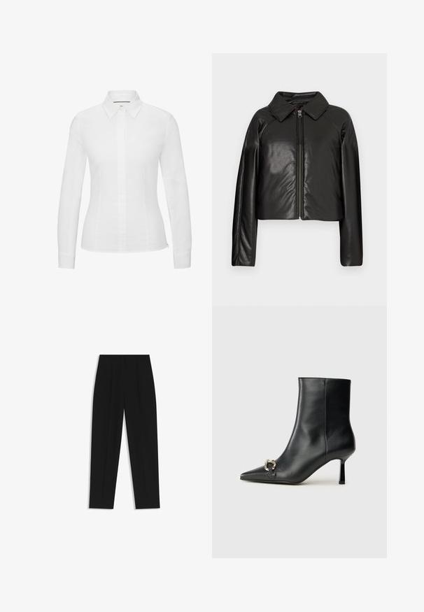 Giacca cropped nera in ecopelle con colletto e chiusura a zip. Caratterizzata da maniche lunghe e una texture liscia e lucida.; Camicia bianca a maniche lunghe realizzata in cotone morbido, con colletto classico a punta, chiusura frontale con bottoni e vestibilità sartoriale con fessure laterali.; Pantaloni neri a taglio dritto, con doppie pieghe, una texture liscia e un design classico in vita. Nessun hardware o dettaglio visibile.; Stivale alla caviglia in pelle nera con punta affusolata, tacco sottile di media altezza e dettaglio in fibbia argentata sul lato, su sfondo semplice.