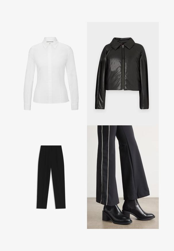 Black faux leather cropped jacket with a collared neckline and zip closure. Features long sleeves and smooth, glossy texture.; White long-sleeve shirt made from smooth cotton, featuring a classic pointed collar, front button closure, and tailored fit with side slits.; Black trousers with a straight fit, featuring double pleats, a smooth texture, and a classic waistband design. No visible hardware or accents.; Black leather ankle boots with a block heel, featuring elastic side panels. Paired with black pants that have a white side stripe.