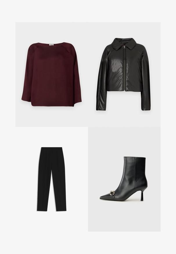 Zwarte faux leren cropped jack met een kraag en ritssluiting. Heeft lange mouwen en een soepele, glanzende textuur.; Bordeaux langslavige blouse met een brede halslijn, zachte stof, drop shoulder ontwerp en een rechte zoomlijn. Gladde textuur, geen zichtbare patronen.; Zwarte broeken met een rechte pasvorm, voorzien van dubbele plooien, een zachte textuur en een klassiek taillebandontwerp. Geen zichtbare hardware of accenten.; Zwarte leren enkelboot met spitse neus, slanke middenhoge hak en zilveren gespdetail aan de zijkant op een effen achtergrond.