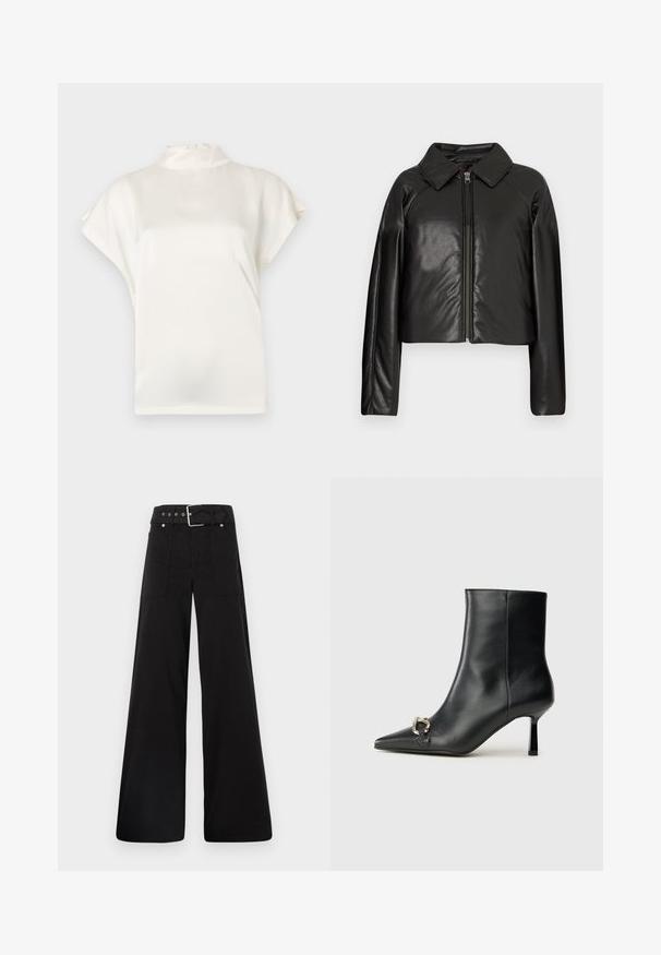 Giacca cropped nera in ecopelle con colletto e chiusura a zip. Caratterizzata da maniche lunghe e una texture liscia e lucida.; Blusa crema a collo alto con maniche corte, realizzata in tessuto morbido. Presenta un leggero lucido e una chiusura con bottone sul retro del collo.; Pantaloni neri a gamba larga realizzati in cotone, con vita alta, ampie tasche laterali e vita con cintura arricchita da dettagli in metallo argentato.; Stivale alla caviglia in pelle nera con punta affusolata, tacco sottile di media altezza e dettaglio in fibbia argentata sul lato, su sfondo semplice.