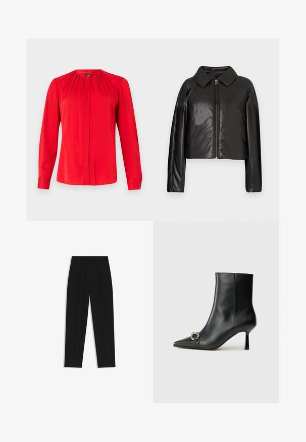 Czarna krótka kurtka z sztucznej skóry z kołnierzykiem i zapięciem na zamek. Posiada długie rękawy oraz gładką, błyszczącą fakturę.; Czerwona bluzka z długim rękawem wykonana z gładkiego materiału, z zebranym dekoltem, przodem na guziki i mankietami zapinanymi na guziki. Prosty i dopasowany design.; Czarne spodnie o prostym kroju, z podwójnymi zakładkami, gładką teksturą i klasycznym krojem w talii. Bez widocznych elementów metalowych ani akcentów.; Czarny skórzany botek za kostkę z szpiczastym noskiem, smukłym średnim obcasem i srebrnym zapięciem po boku na jednolitym tle.