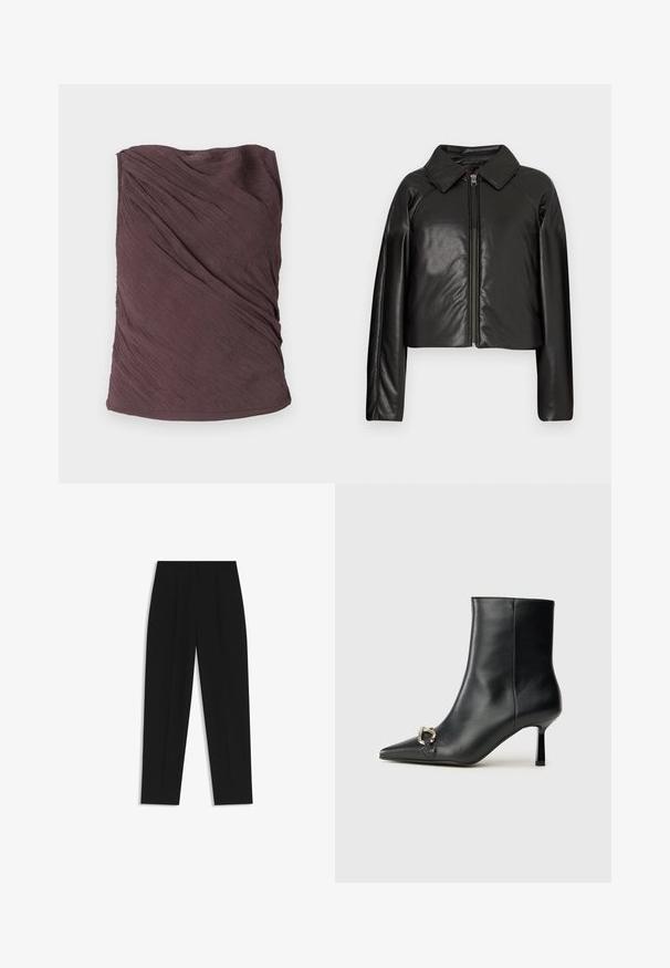 Sort kunstlæder cropped jakke med krave og lynlåslukning. Har lange ærmer og en glat, blank tekstur.; Samsøe Samsøe VIRA - Top - raisin; Sorte bukser med lige pasform, der har dobbelte folder, en glat tekstur og et klassisk taljedesign. Ingen synlige hardware eller accenter.; Sort læder ankelstøvle med spidse tæer, slank hæl i mellemhøjde og sølvspænde detaljer på siden mod en ensfarvet baggrund.