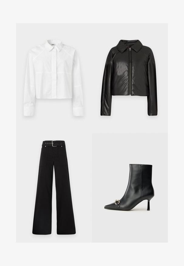 Veste cropped en simili cuir noir avec un col et fermeture zippée. Dispose de longues manches et d'une texture lisse et brillante.; Chemise blanche courte en tissu lisse, avec un col classique, des manches longues et des coutures discrètes. Logo "DAY" sur le col.; Pantalons larges noirs en coton, avec une taille haute, de grandes poches latérales et une taille ceinturée avec des accents en métal argenté.; Bottine en cuir noir avec un bout pointu, un talon moyen fin et un détail de boucle en argent sur le côté, se détachant sur un fond uni.