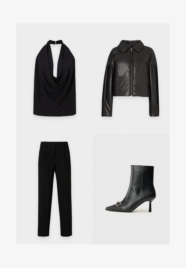 Black faux leather cropped jacket with a collared neckline and zip closure. Features long sleeves and smooth, glossy texture.; Black halter top with a deep cowl neckline, made of soft fabric. Features a back clasp closure and draped design for added texture.; Black tailored trousers with a straight fit, pleated front, polished fabric, and a medium waistband. No visible pockets or hardware details.; Black leather ankle boot with pointed toe, slim mid-height heel, and silver buckle detail on side against plain background.